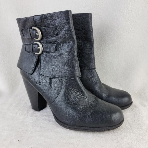 b.o.c. Shoes - BOC Black Leather Buckle Belt Fold Down Zipper Block Heel Mid Calf Boots 11M Y2K